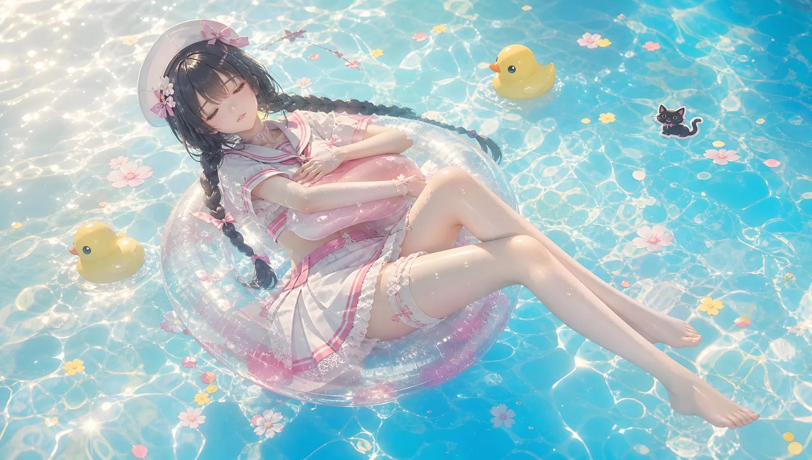 泳池浮圈上小憩的双麻花软萌少女