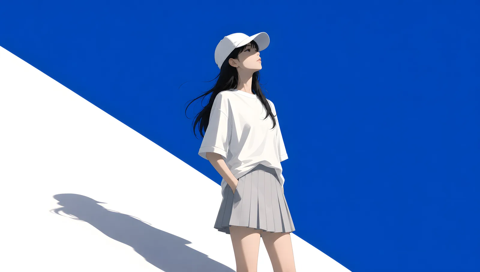 克莱因蓝背景下戴白棒球帽的夏日少女插画