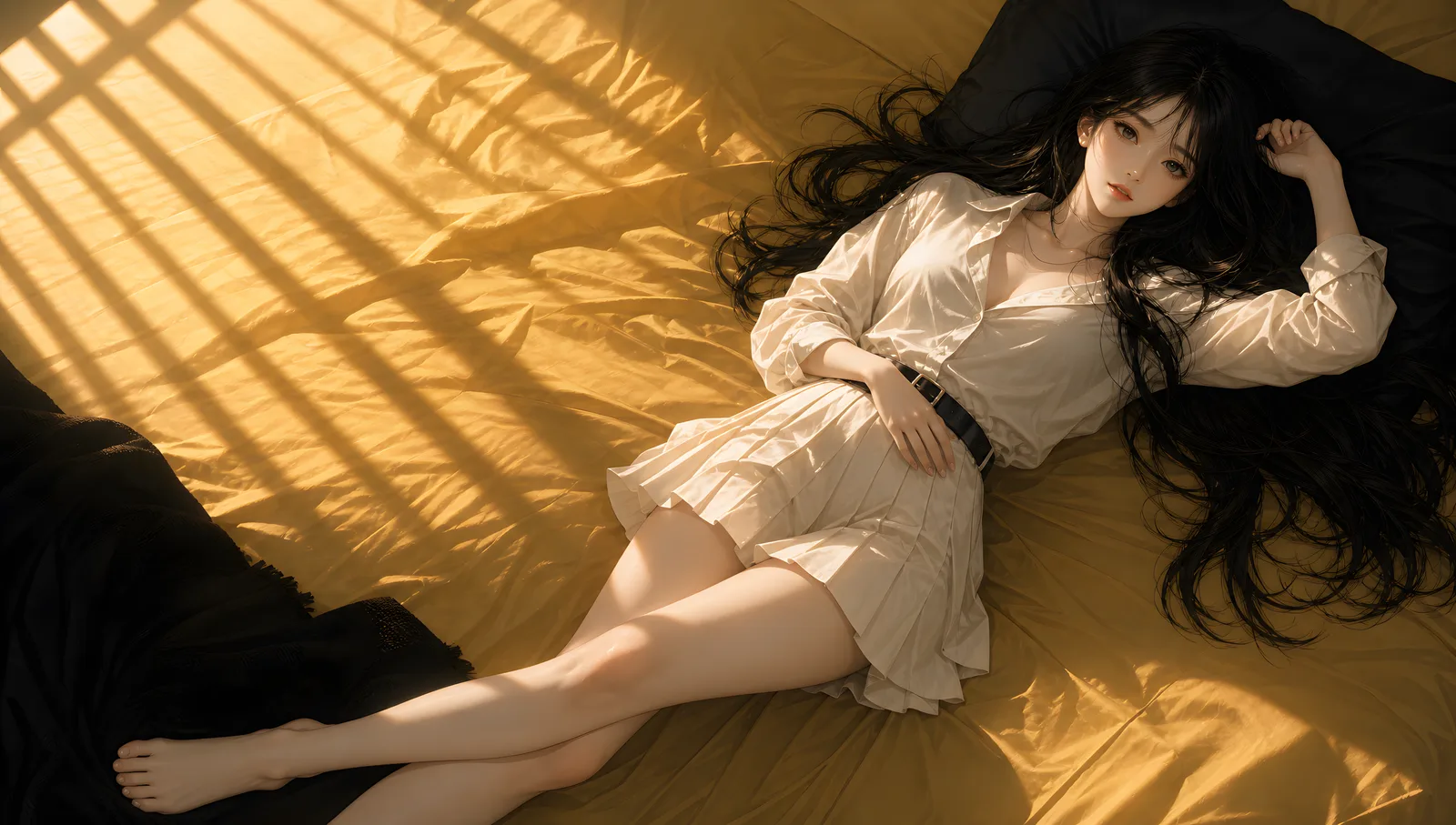 午后窗影下斜卧床铺的黑长发少女