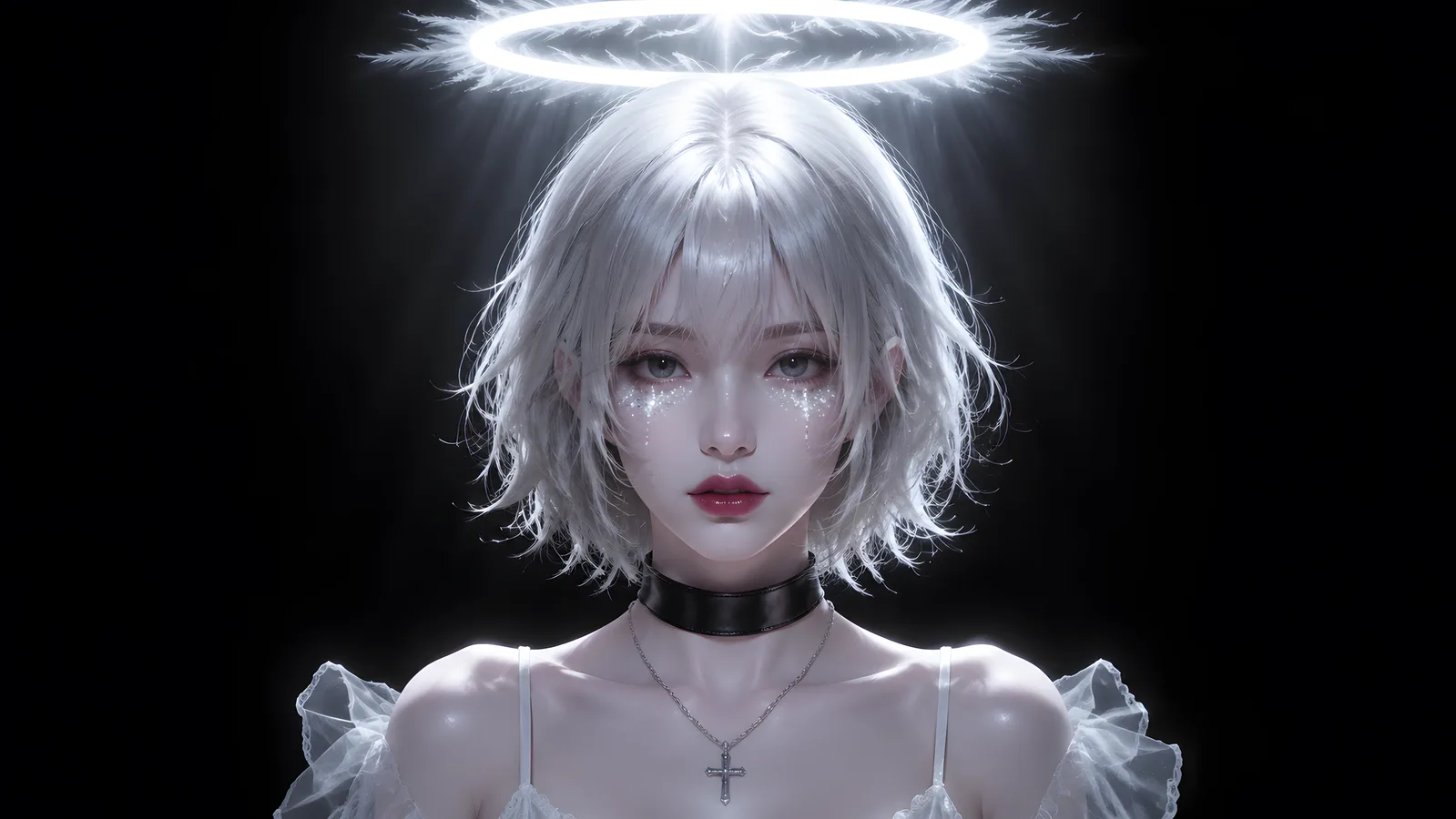 暗夜里头顶发光光环的银发天使形象