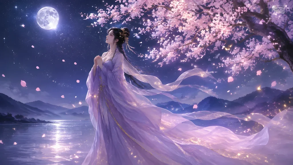 月夜樱飞：紫衣女子江畔对月寄相思