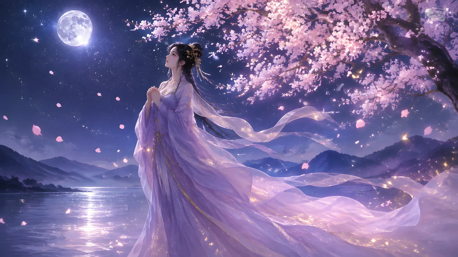 月夜樱树下紫衣女子对月祈愿