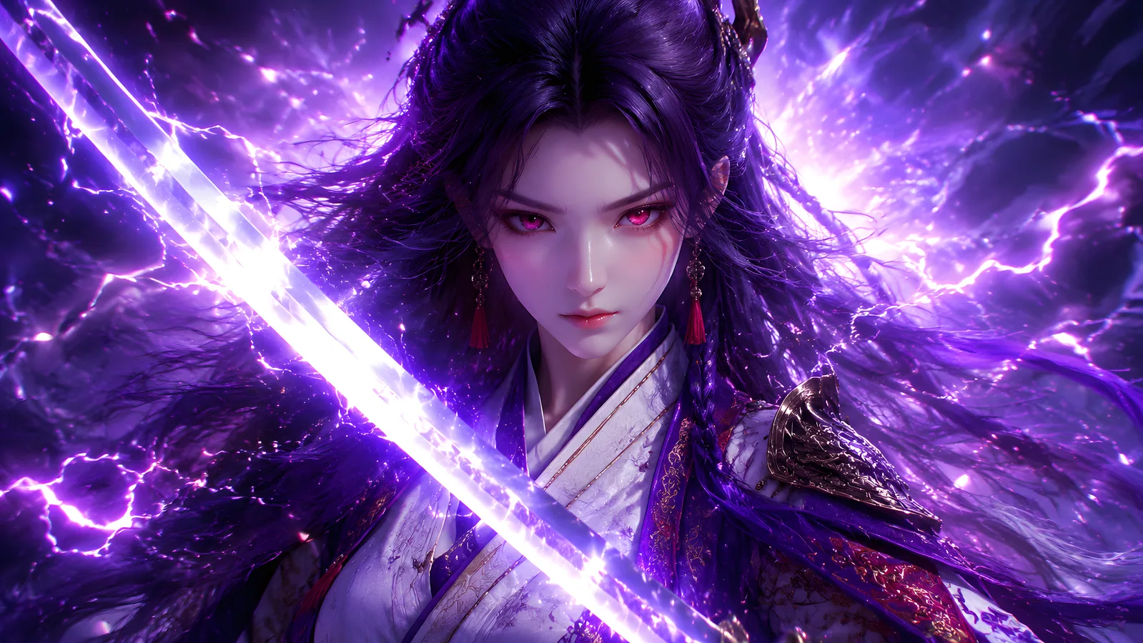 紫雷环绕的持剑古风仙侠女剑客