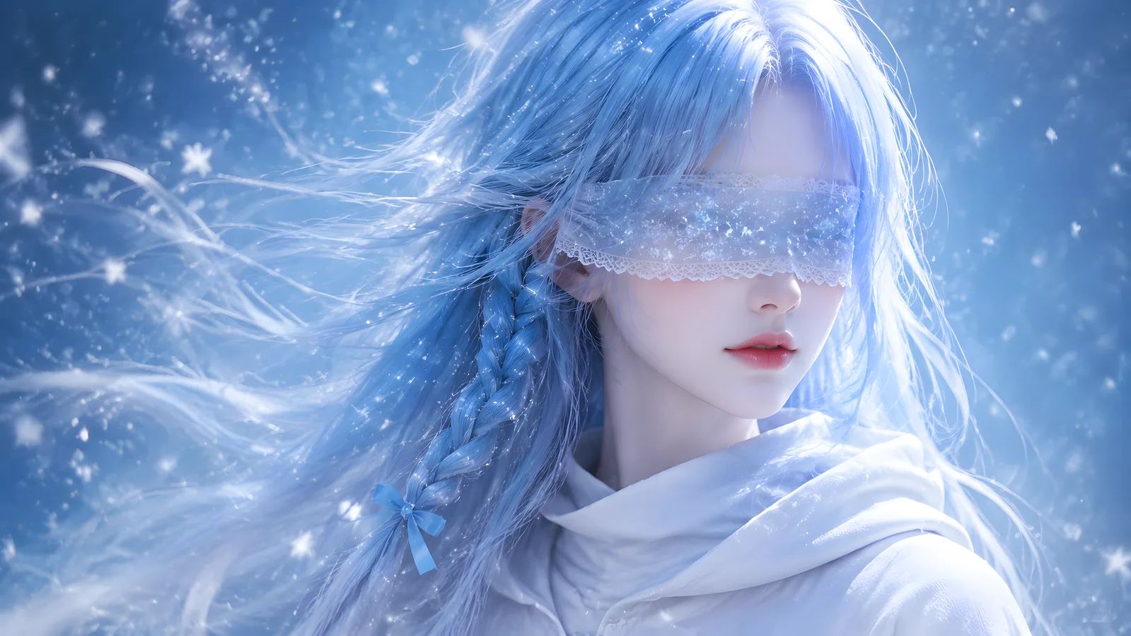 飘雪环境中冰蓝长发的蒙眼清冷少女